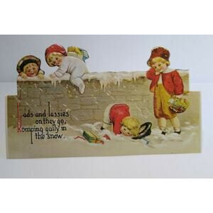 Christmas Postcard Die-cut Fold Over Lads And Lassies In The Snow Merrimack 1981